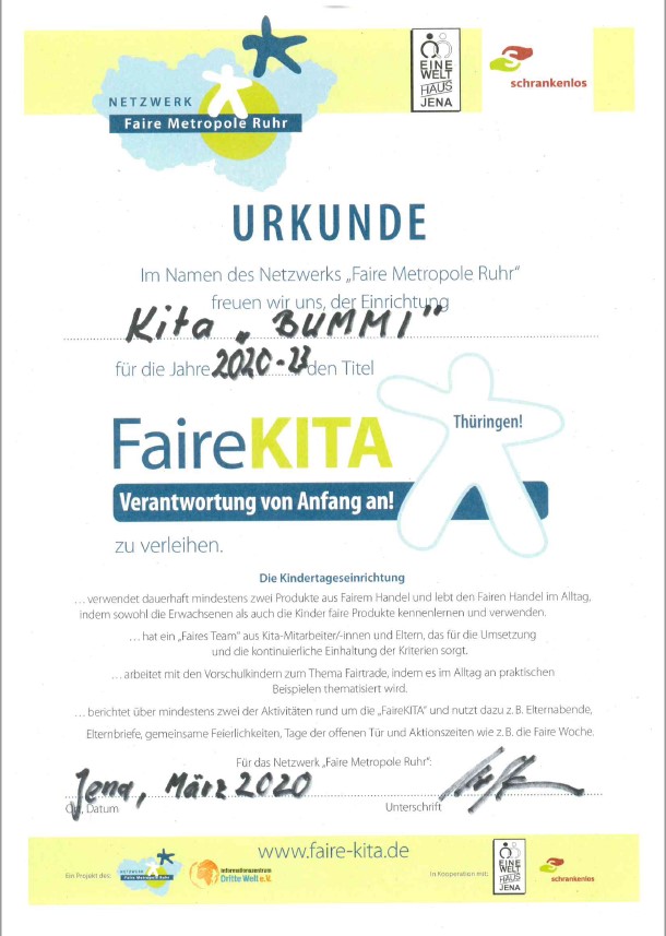 Urkunde für Bummi "Faire Kita"