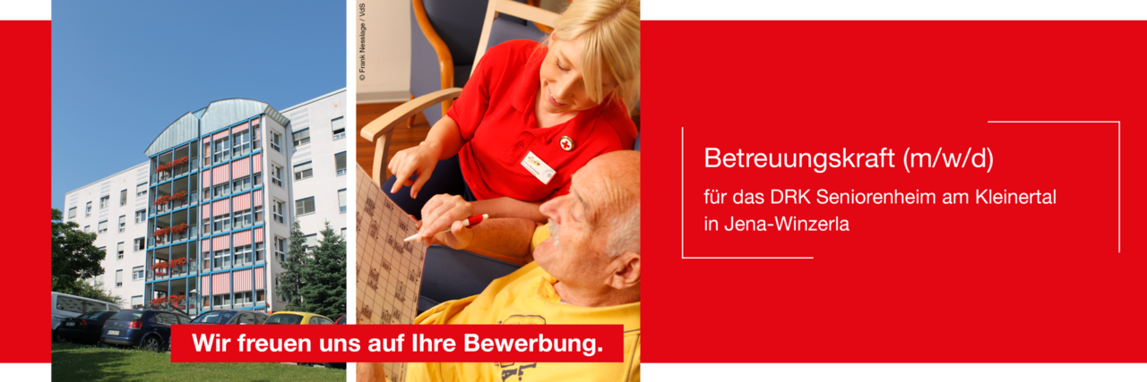 DRK-Kreisverband Jena-Eisenberg-Stadtroda e.V.: Freie Stelle als Betreuungskraft (m/w/d) im DRK Seniorenheim Am Kleinertal in Jena. Wir freuen uns auf Ihre Bewerbung. bewerbung@drk-jena.de