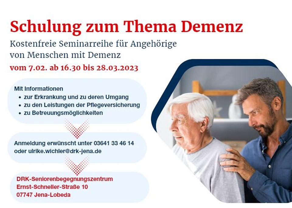 DRK-Kreisverband Jena-Eisenberg-Stadtroda e.V.: Schulung für Angehörige von Menschen mit Demenz im DRK-Seniorenbegegnungszentrum Lobeda-Ost. DRK-Kreisverband Jena-Eisenberg-Stadtroda e.V.: Kostenfreie Seminarreihe für Angehörige von Menschen mit Demenz.